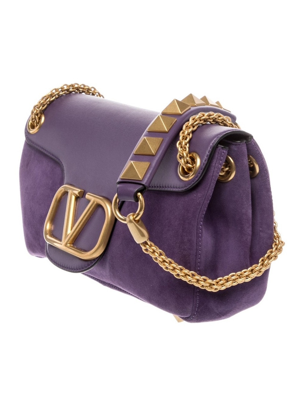 Valentino Garavani gold V LOGO, chain, large studs suede & leather Purple purse